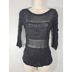BEBE Black Mesh Sheer Crystal Embellished Logo Ruched Sleeve Top XS EUC Y2K BD